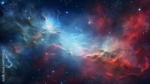 Galaxy background of radiant explosion of blues and reds illuminates the universe In vast expanse of the cosmos. Celestial scene captures the infinite beauty and mystery of the great universe  