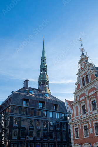Famous monuments in the Riga town hall square landmark in Riga, Latvia