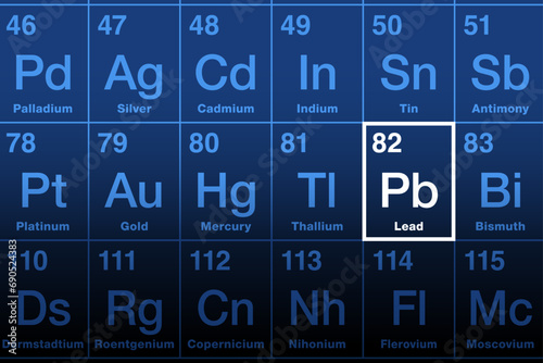 Lead on periodic table of the elements. Chemical element with symbol Pb for Latin plumbum, and atomic number 82. Soft, malleable heavy metal with low melting point. Nervous system damaging neurotoxin. photo