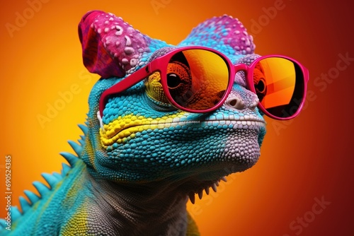 Vibrant Chameleon in Sunglasses: Quirky & Colorful Stock Photo