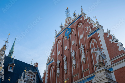 Famous monuments in the Riga town hall square landmark in Riga, Latvia