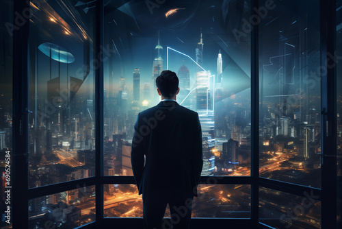 Hombre de negocios mirando la ciudad futurista photo