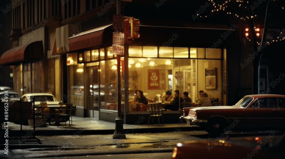 Night restaurant. New York life in the 1960s. Photorealistic illustration. Streets of New York. 
