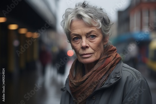 Portrait of a senior woman in the city. Shallow depth of field