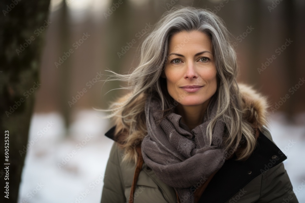Portrait of a beautiful middle-aged woman in the winter forest Portrait of a beautiful middle-aged woman in the winter forest