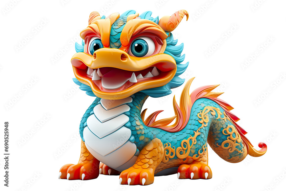 Obraz premium Cute colorful Chinese dragon lunar new year, long body, white background, 3d cartoon style, strong color contrast isolated PNG