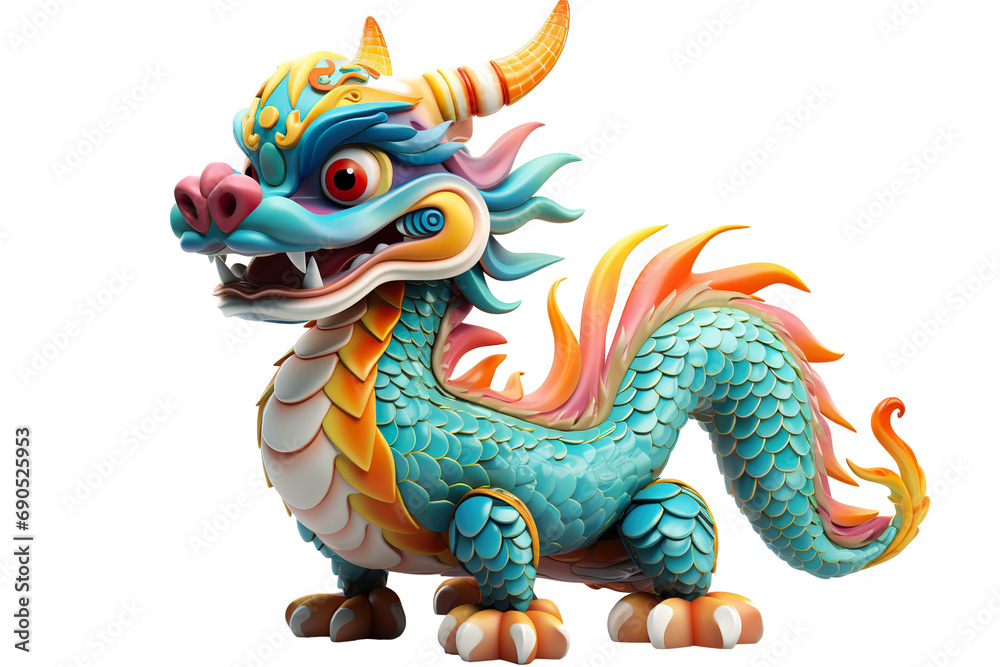 Cute colorful Chinese dragon lunar new year, long body, white background, 3d cartoon style, strong color contrast isolated PNG - obrazy, fototapety, plakaty 