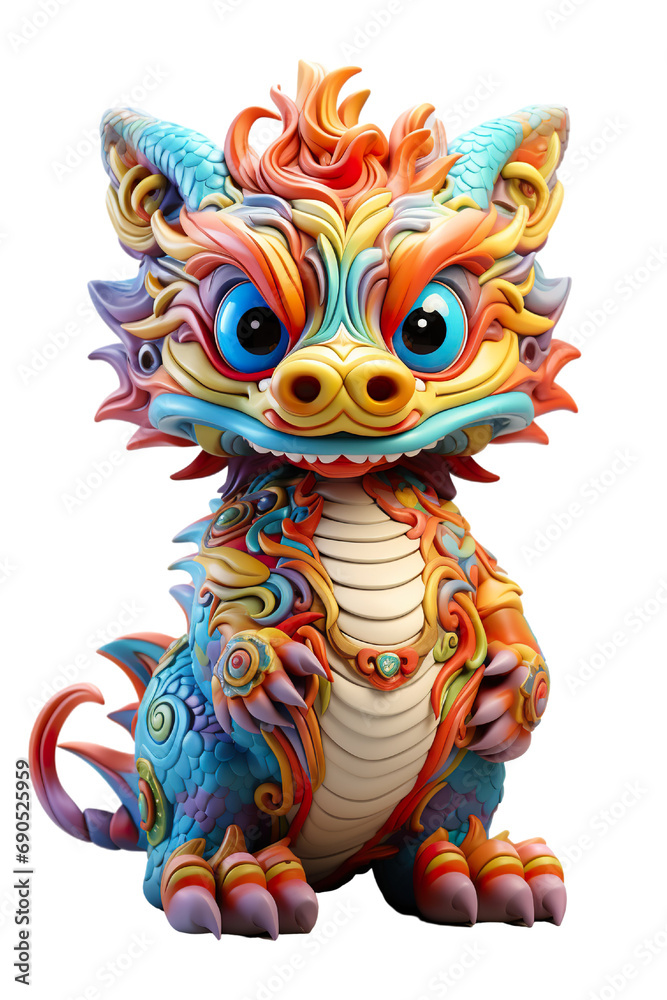 Cute colorful Chinese dragon lunar new year, long body, white background, 3d cartoon style, strong color contrast isolated PNG