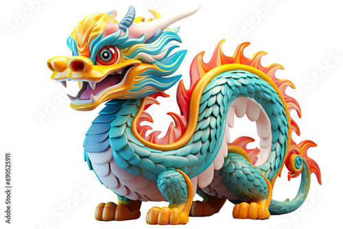 Cute colorful Chinese dragon lunar new year  long body  white background  3d cartoon style  strong color contrast isolated PNG