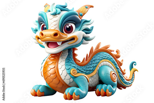 Cute colorful Chinese dragon lunar new year  long body  white background  3d cartoon style  strong color contrast isolated PNG