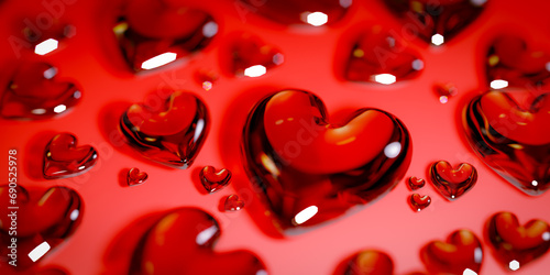 The background of a heart-shaped object pattern made of strong red glass, 3d rendering