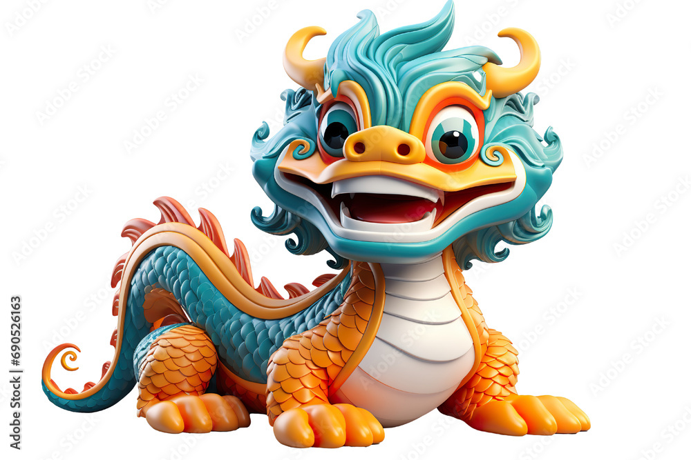 Naklejka premium Cute colorful Chinese dragon lunar new year, long body, white background, 3d cartoon style, strong color contrast isolated PNG