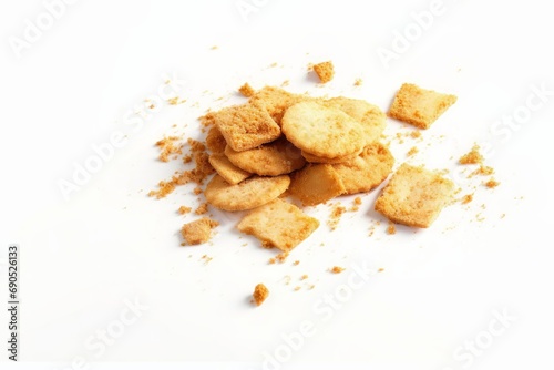 Scattered crumbs of vanilla chip butter cookies isolated on white background. Close-up view of brown crackers. Macro shot of yellow biscuit cake leftovers  Generative AI 