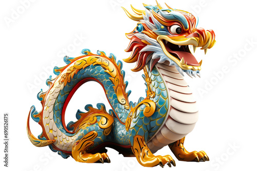 Cute colorful Chinese dragon lunar new year, long body, white background, 3d cartoon style, strong color contrast isolated PNG photo