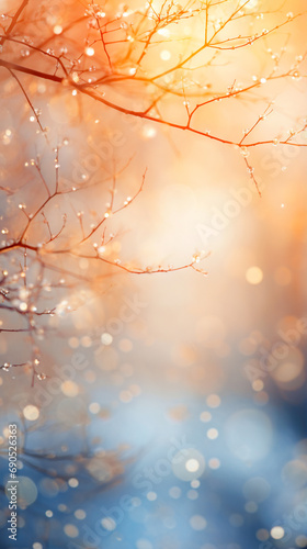 Abstract blurred bright background with bokeh. Warm backlight scene in golden hour. Vertical winter backdrop to use for invitation, social media banner or seasonal cards.