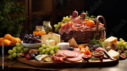 An elegant display of Easter eggs in a wicker basket, accompanied by a charcuterie board with sliced ham and gourmet cheeses