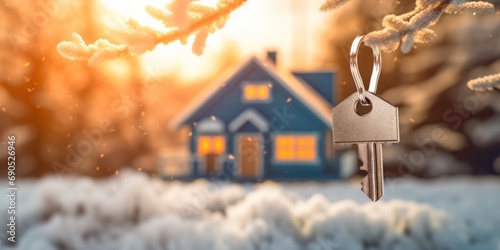Close up of a key hanging from a branch, blurred image of a modern house countryside. Snow covered the trees and the ground. photo