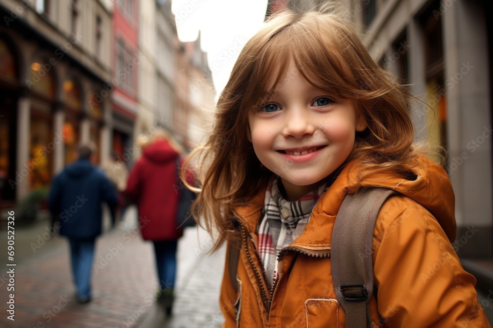 Adorable little girl in the city. Portrait of a cute smiling child.