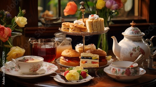An elegant Easter afternoon tea setting with scones, clotted cream, a variety of jams, and a selection of finger sandwiches