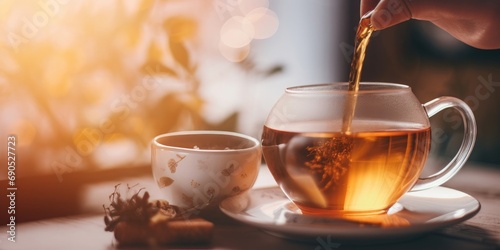 Banner of grey cup with teapot. The hand holding the teapot pours herbal tea into pot on saucer in soft focus on blurred background. Coffee, tea house, bokeh lights. Generative AI 