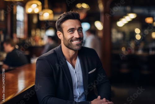 Portrait of a handsome young man in a pub, smiling and looking at the camera.