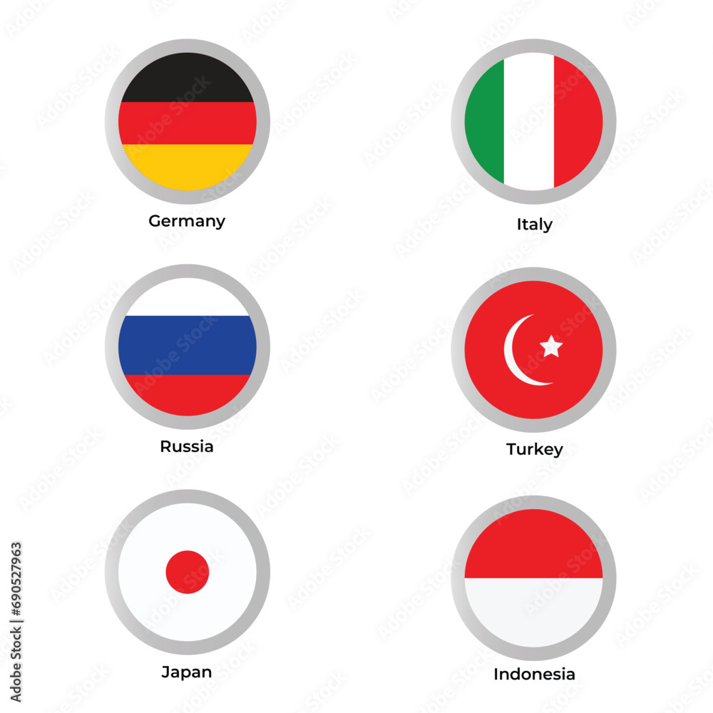 National flags icons vector, main flag languages set, Italy, Germany, turkey, Russia, indonesia, jordan flag