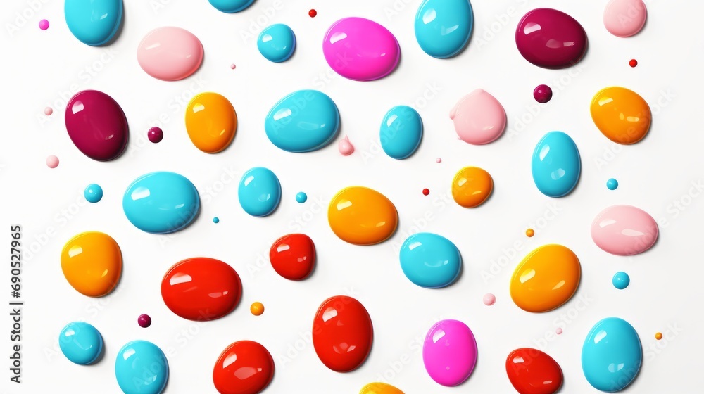 Colored drops of paint on a white background. Watercolor splash. Mixing Liquid paint. 