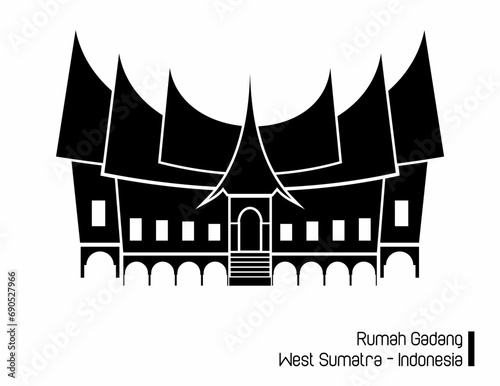 Traditional house named "Rumah Gadang" from West Sumatra, Indonesia. Iconic building from Minangkabau, West Sumatra province Indonesia. Monochrome flat design icon. 