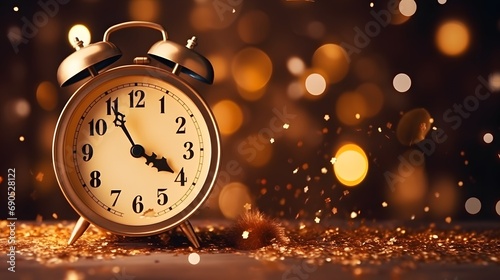 New Year 2024 with golden bokeh lights, fireworks and confetti, concept. Vintage clock points to 2024, creative idea. 