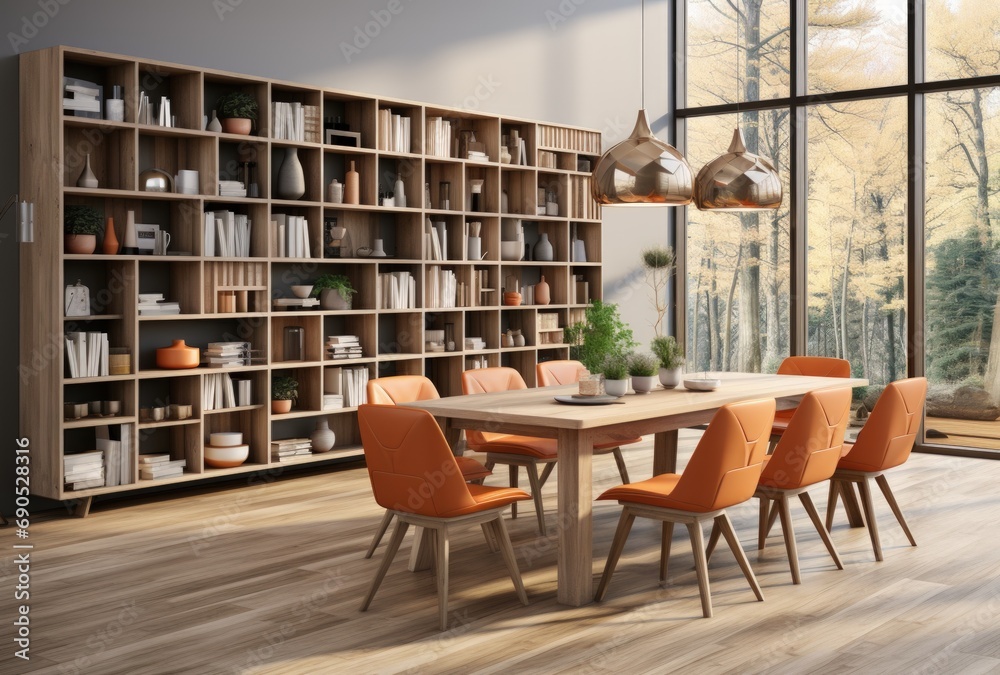 Inviting Dining Room with Autumn View and Bookcase