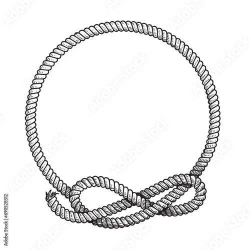 Hand drawn circle rope frame with free style node. Sketch nautical design element. Best for marine and western designs. Vector illustration isolated on white. photo