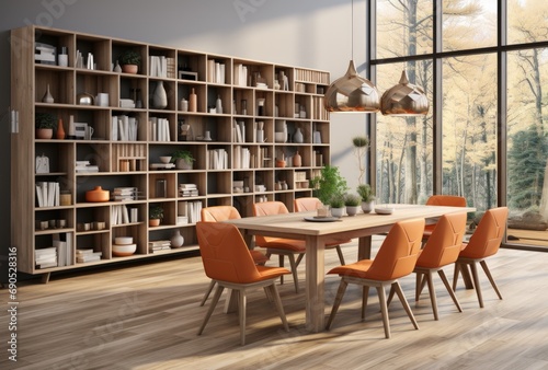 Inviting Dining Room with Autumn View and Bookcase © DigitalMuse