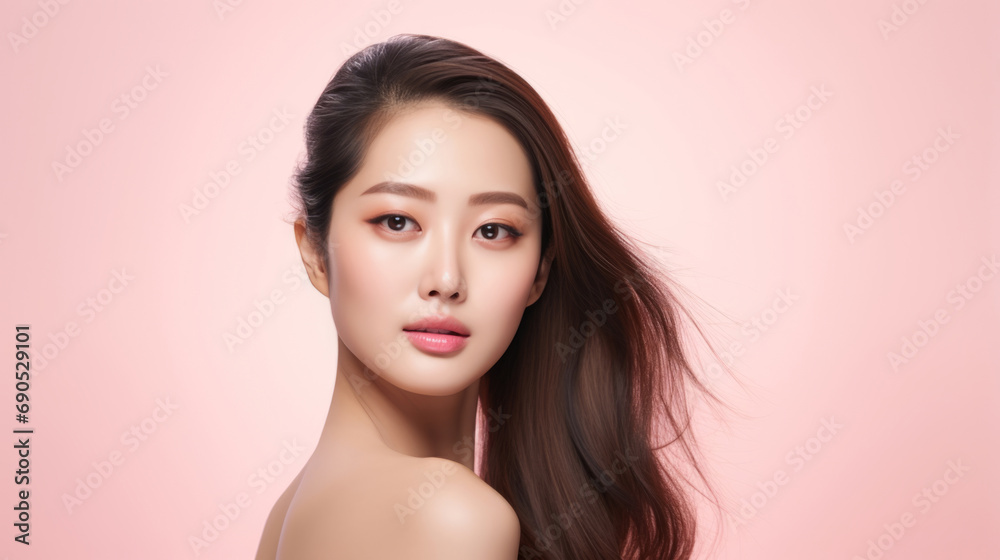 Young asian girl with perfect skin on beige background. Female Skin care editorial. Asian beauty portrait. Young asian girl with perfect skin on beige background. Female Skin care editorial. Asian beauty portrait.