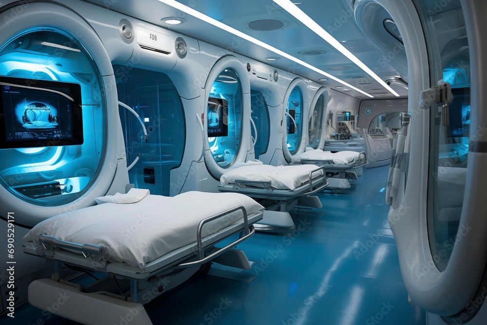futuristic hospital clinic operating theatre / ward with automated and robotic health care. The future of medicine. - obrazy, fototapety, plakaty 