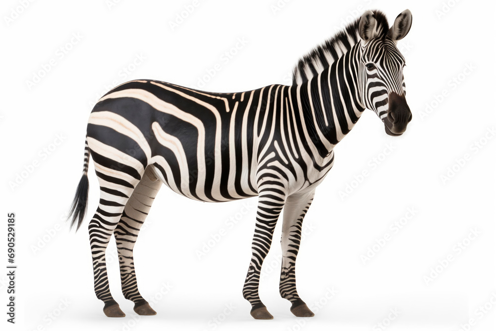 Fototapeta premium Plains zebra Equus quagga an Africam member of the horse family with its famous striped coat, cut out and isolated on a white background.
