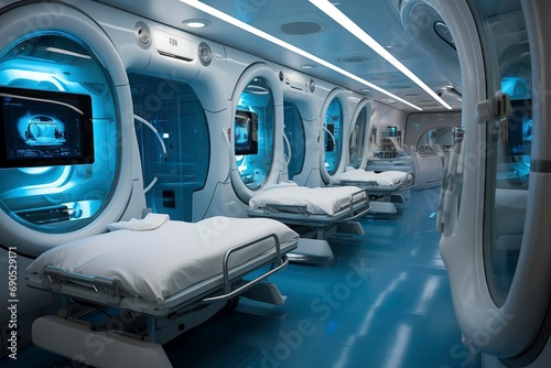 futuristic hospital clinic operating theatre / ward with automated and robotic health care. The future of medicine. photo