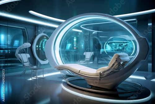 futuristic hospital clinic operating theatre / ward with automated and robotic health care. The future of medicine. photo