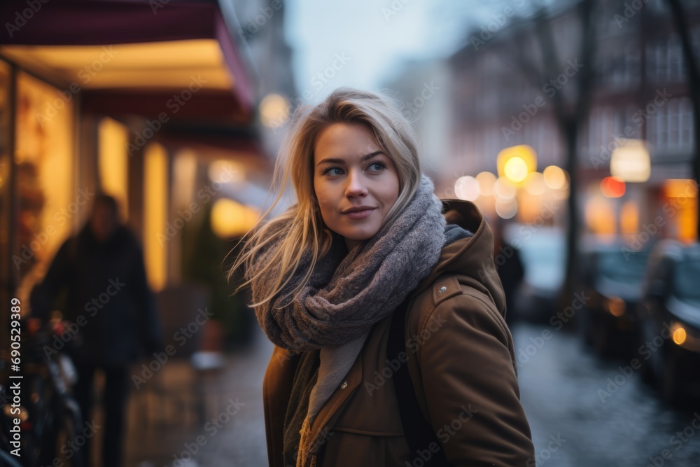 Beautiful young woman in the city at night. Blonde girl in a coat and scarf on the background of the city.