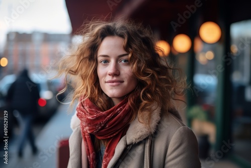 Portrait of a beautiful young woman with curly red hair in the city.