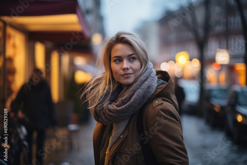 Beautiful young woman in the city at night. Blonde girl in a coat and scarf on the background of the city.