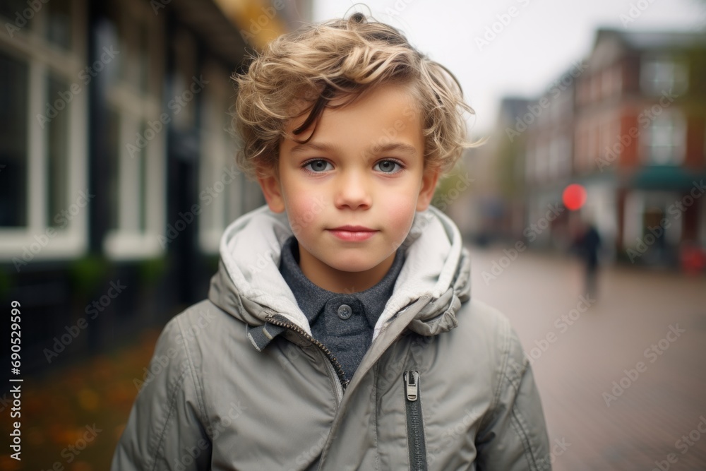 Portrait of cute little boy with blond curly hair in the city