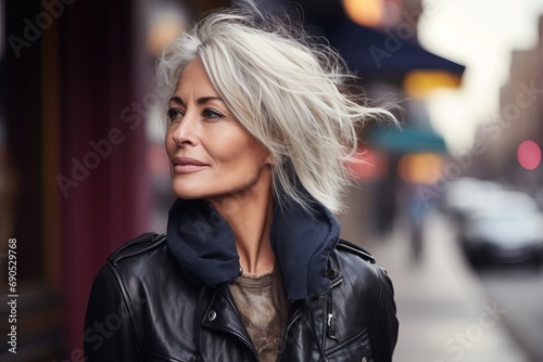 Beautiful middle-aged woman with blond hair and black leather jacket walking in the city