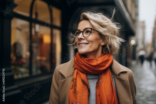 Portrait of a beautiful middle-aged woman in glasses and a beige coat on a city street. © Nerea