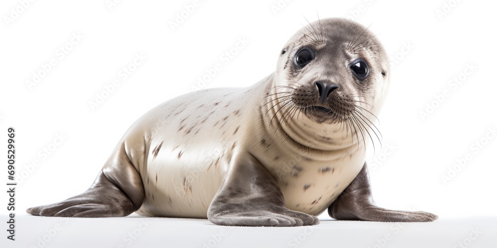 Fototapeta premium Seal pup: Cute, curious marine mammal in cold arctic environment, resting peacefully.
