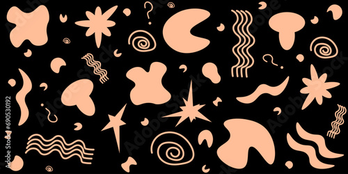 Seamless pattern with Trendy Organic Shapes isolated black background. Avant-garde peach fuzz ornament. Vector illustration can used wallpaper, textile, bed linen print. Modern backdrop.