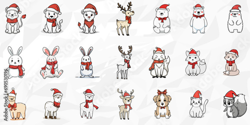Festliche Weihnachtstiere: Lineart Vektorgrafik-Bundle von Löwen, Hasen, Rehen, Alpakas, Hunden, Katzen, Polarfüchsen und Eisbären mit Mütze und Schal