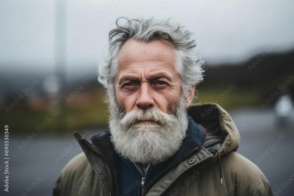 Portrait of a senior man with gray beard and mustache outdoors.