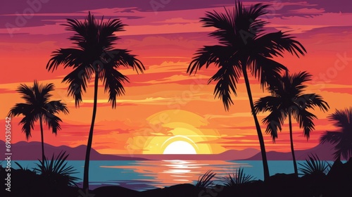 A vibrant vector illustration captures a picturesque sunset with silhouetted palm trees against a stunning and colorful backdrop, evoking a tropical ambiance and serene atmosphere