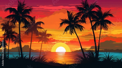 A vibrant vector illustration captures a picturesque sunset with silhouetted palm trees against a stunning and colorful backdrop  evoking a tropical ambiance and serene atmosphere