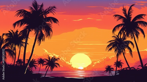 A vibrant vector illustration captures a picturesque sunset with silhouetted palm trees against a stunning and colorful backdrop  evoking a tropical ambiance and serene atmosphere